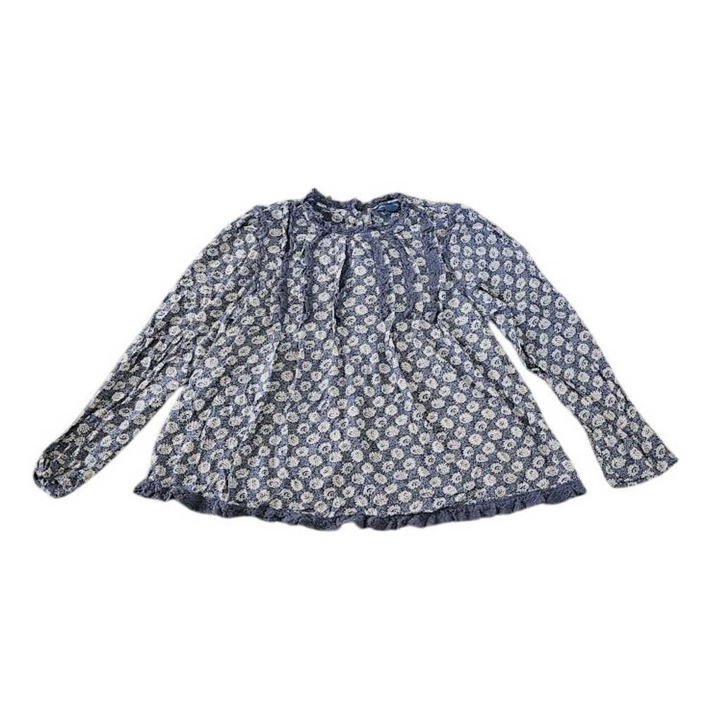April Cornell Blue Floral Crochet Lace Trim Button Back Blouse Womens Medium